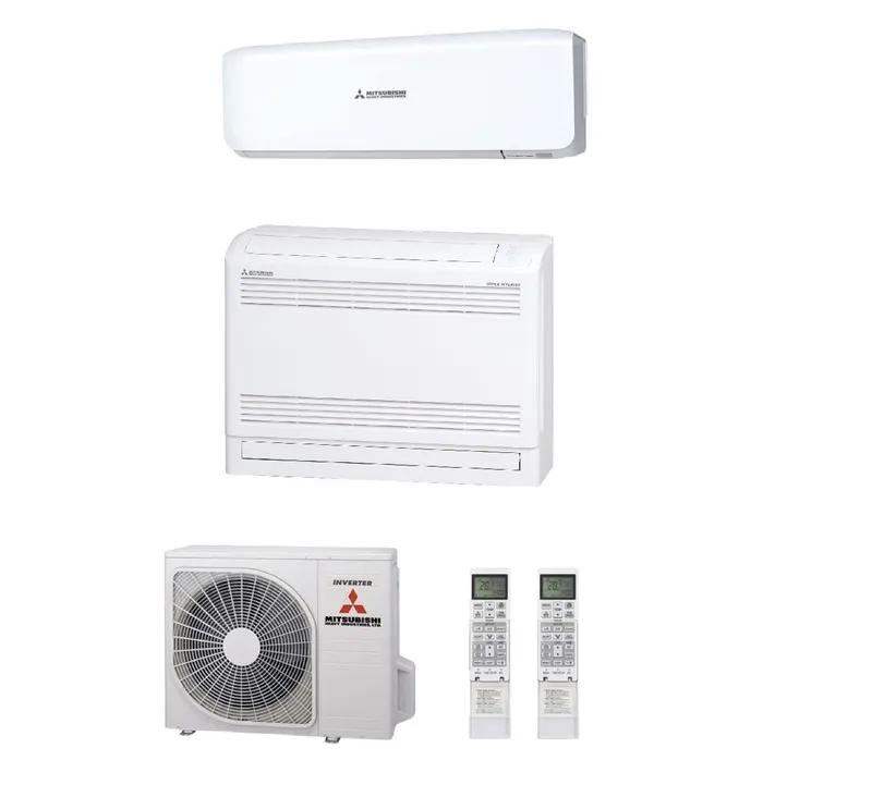 Mitsubishi Heavy Duo SCM50ZS-W — vloerconsole, wandmodel, buitenunit en 2 afstandsbedieningen
